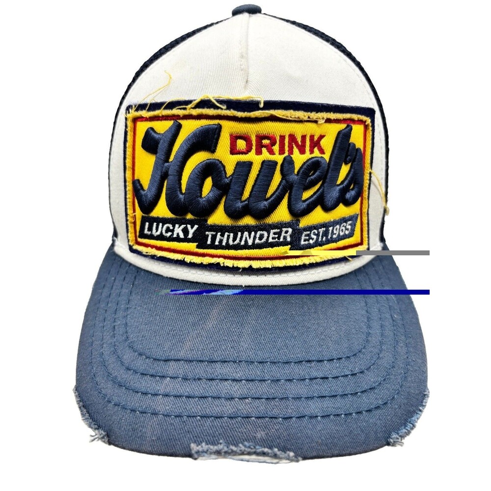 ililily Drink Howel's Lucky Thunder Distressed Mesh Trucker Hat Navy Blue Cream